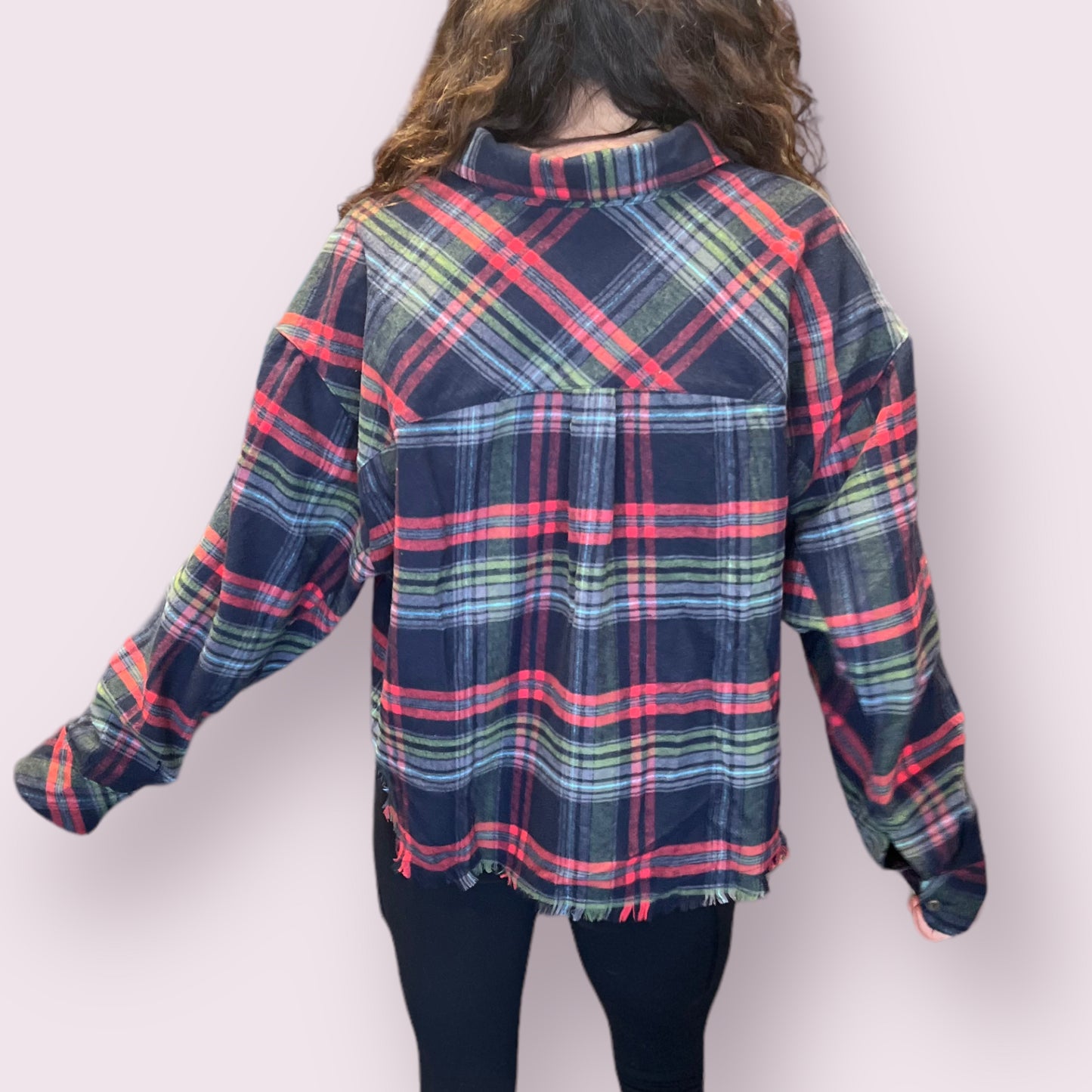 Cropped Fray Hem Plaid Shirt