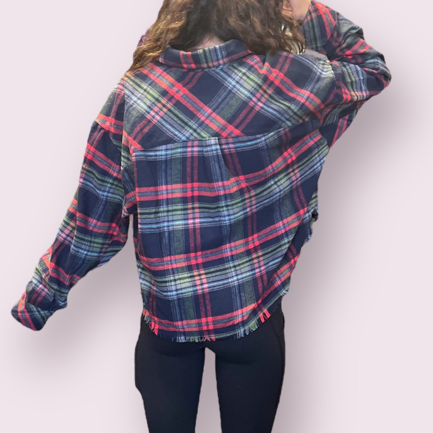 Cropped Fray Hem Plaid Shirt