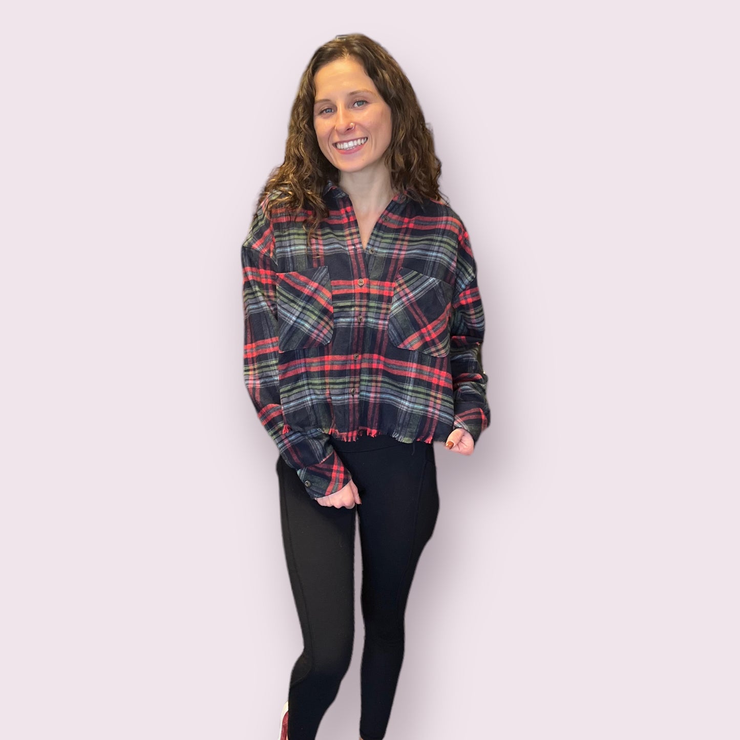 Cropped Fray Hem Plaid Shirt