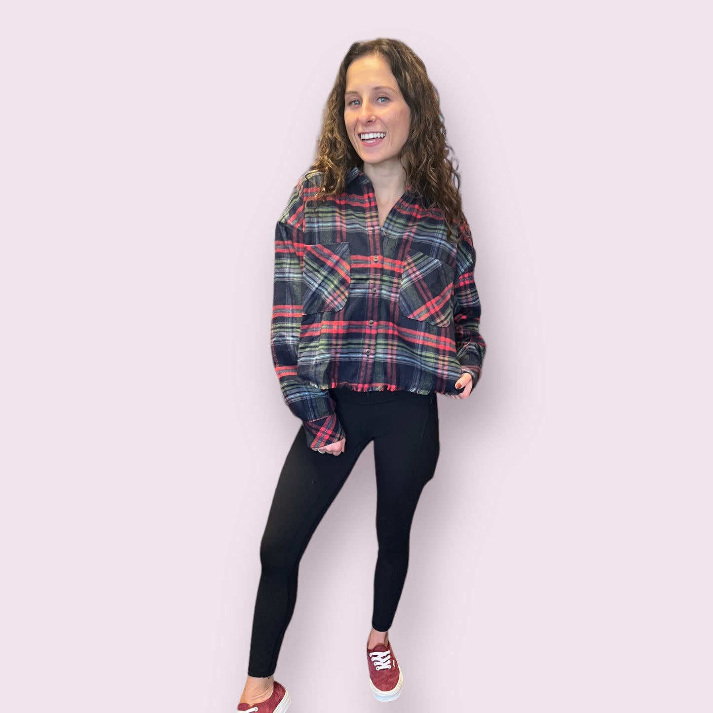 Cropped Fray Hem Plaid Shirt