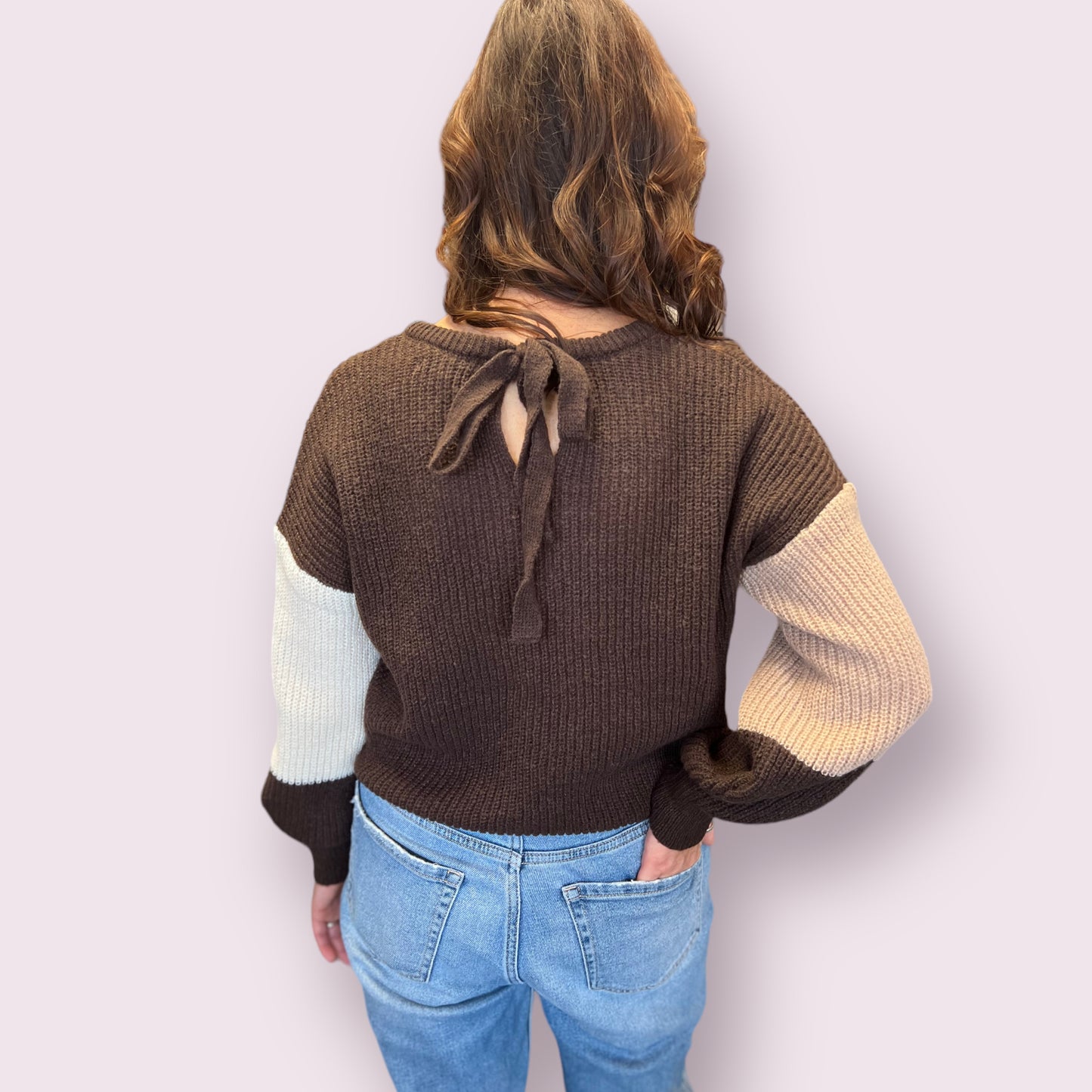 Colorblock Back Tie Knit Sweater