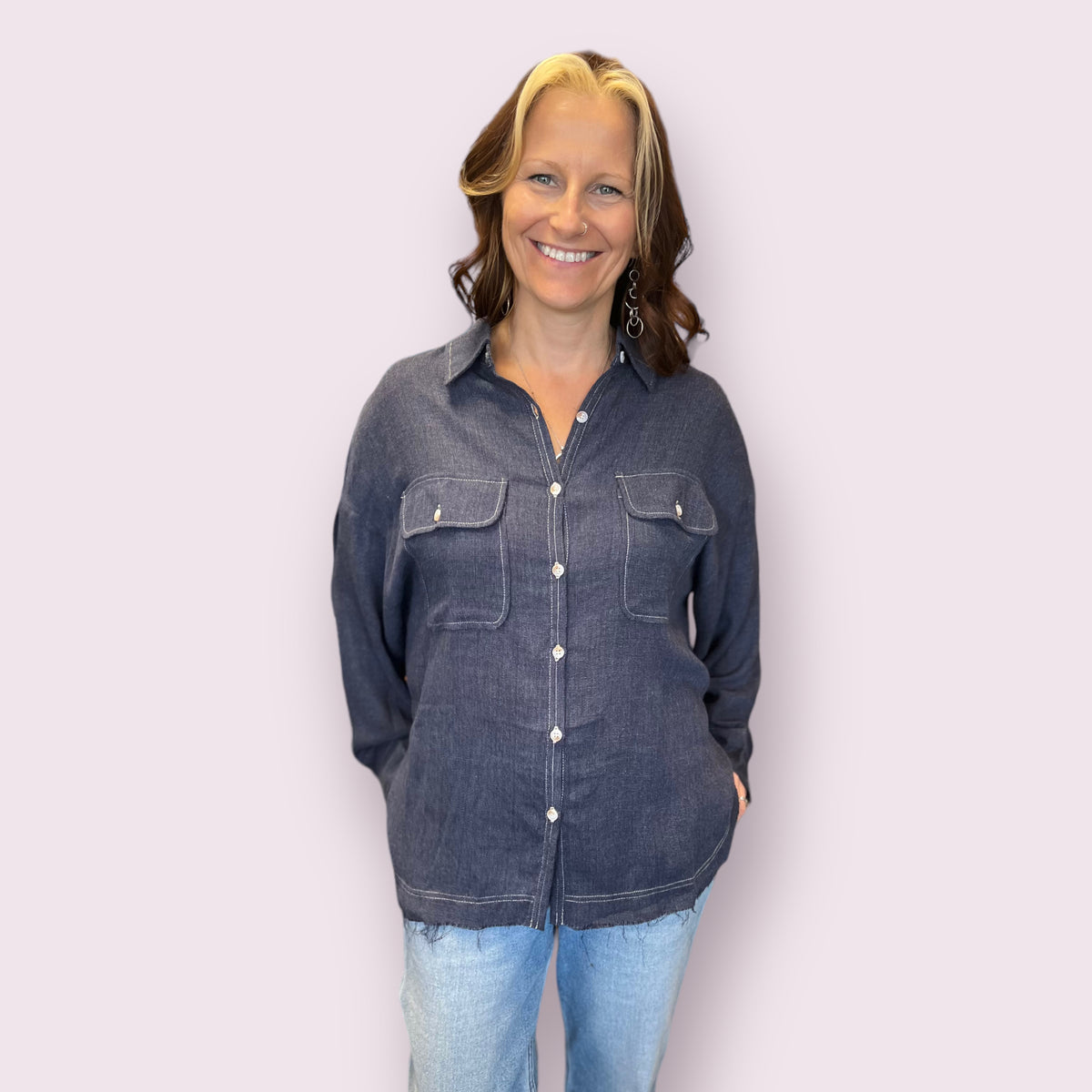 Fray Hem Button Up Shacket - Navy