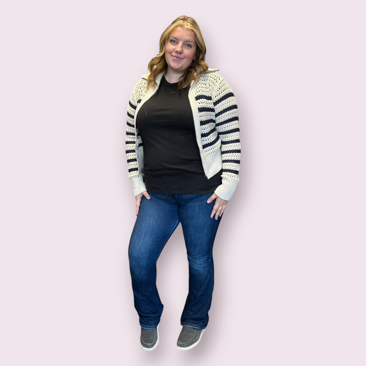 Zip-Up Striped Pointelle Open Knit Sweater Jacket