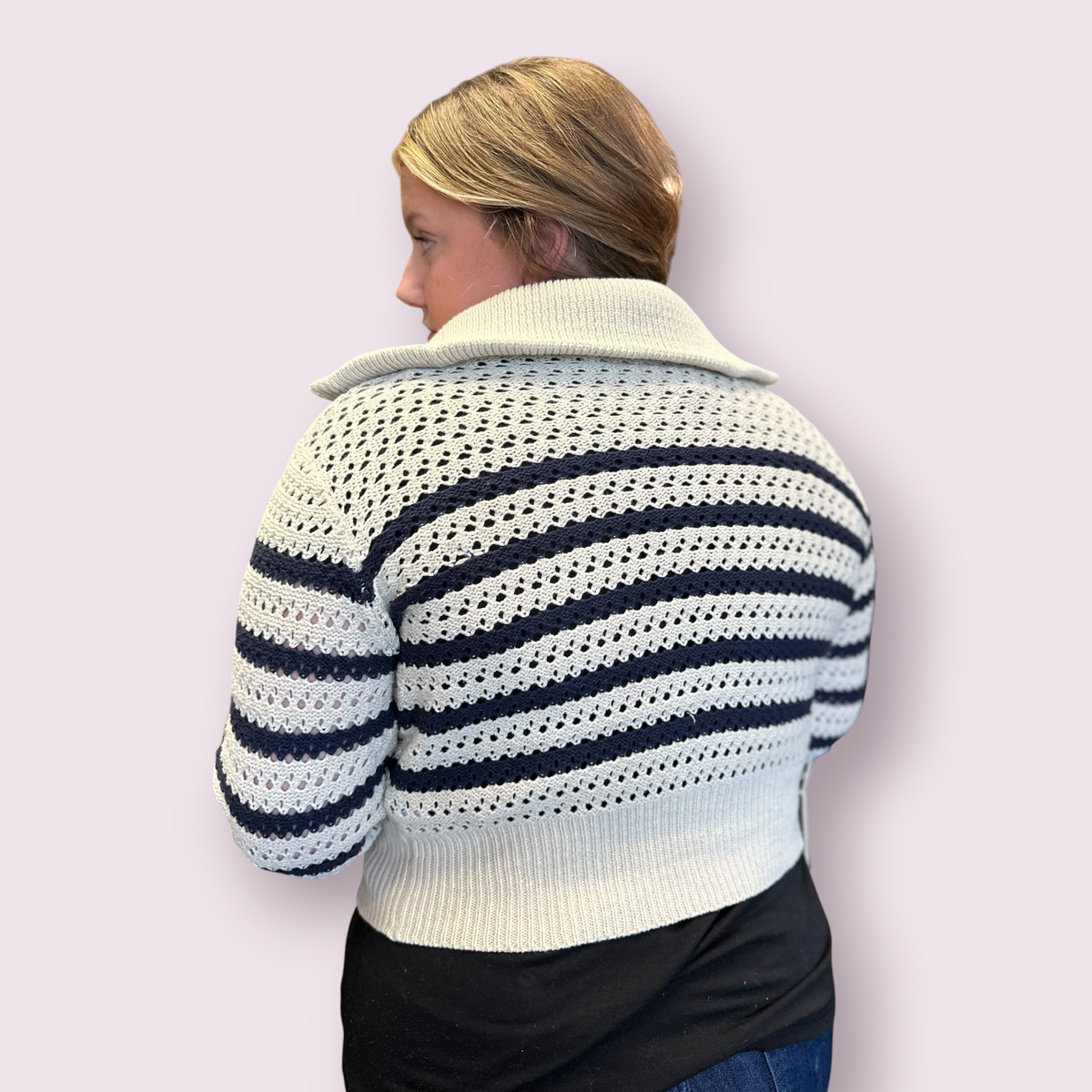 Zip-Up Striped Pointelle Open Knit Sweater Jacket