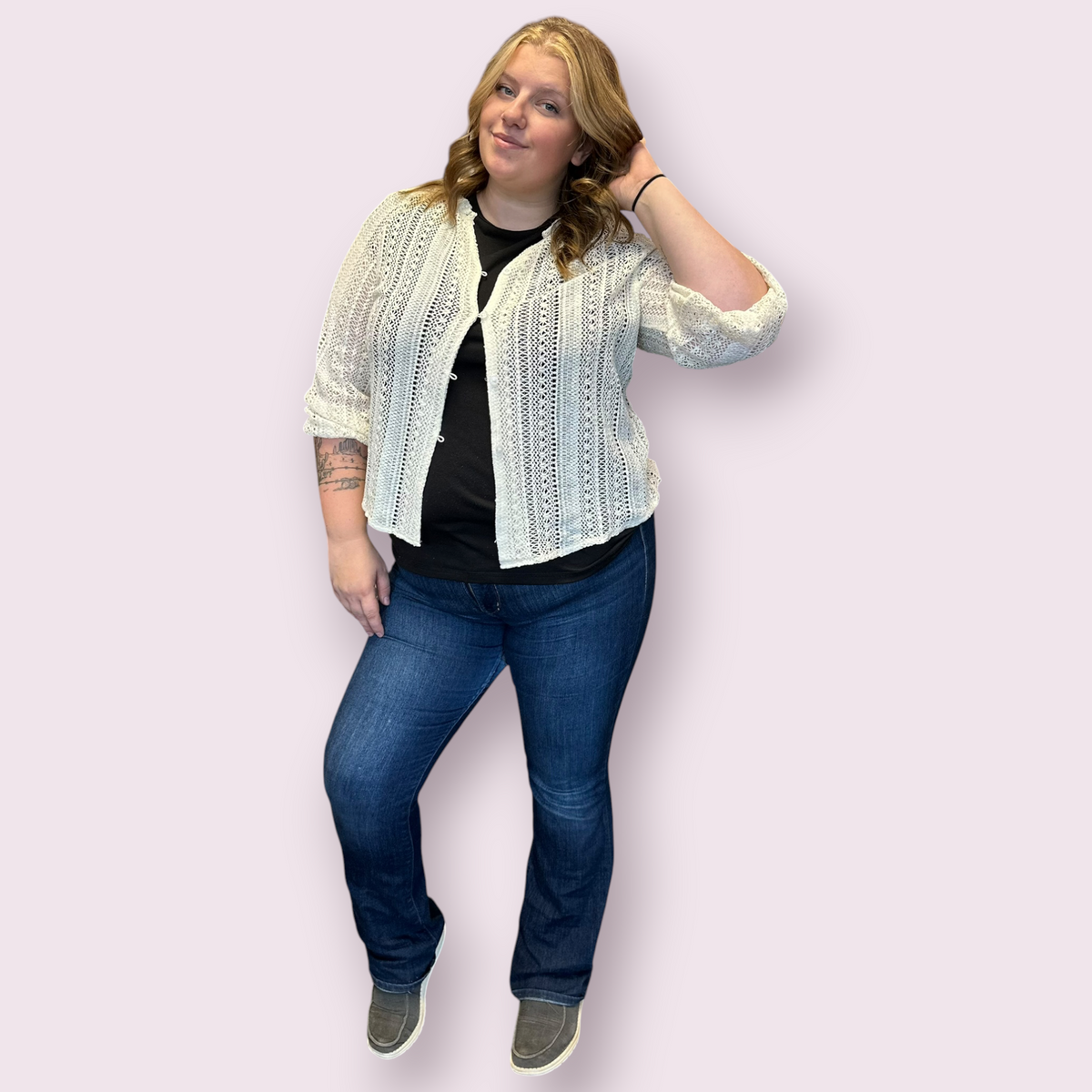 Open Knit Lace V Neck Button Front Blouse: Apricot
