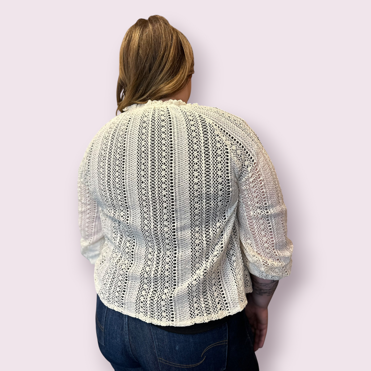 Open Knit Lace V Neck Button Front Blouse: Apricot