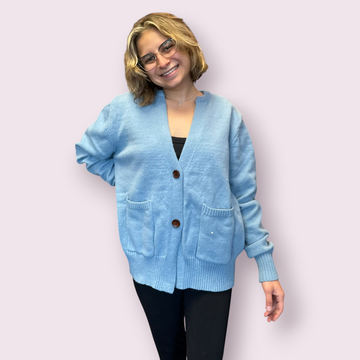 Button Front Crew Neck Pocket Knit Cardigan: Light Blue