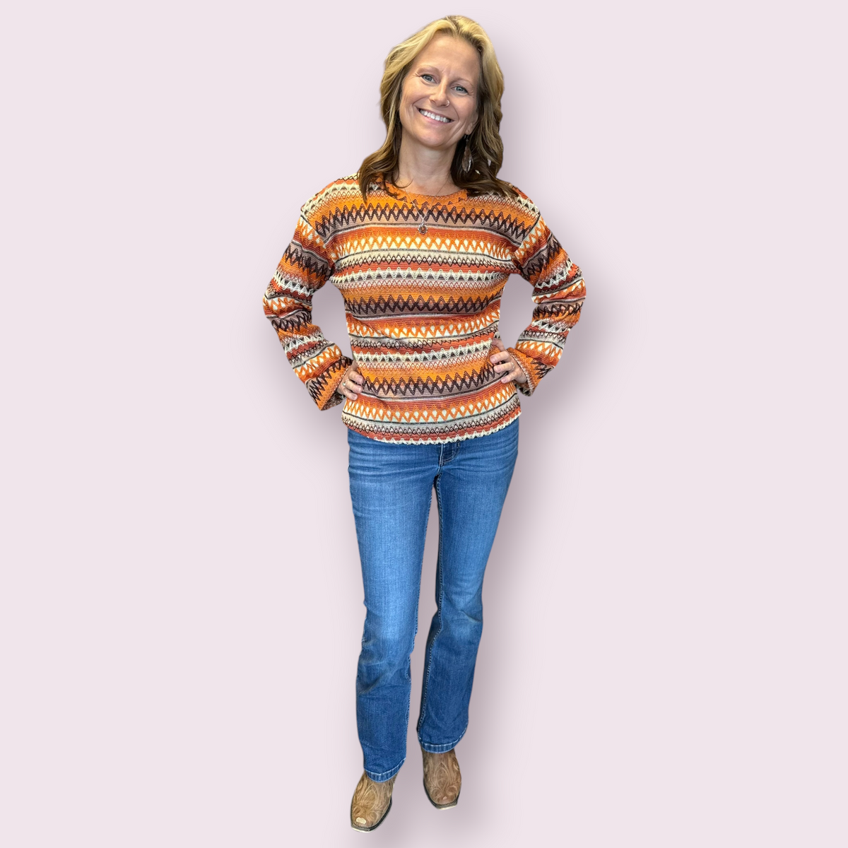 Boho Geometric Sweater Flare Sleeve Relaxed Pullover: Orange