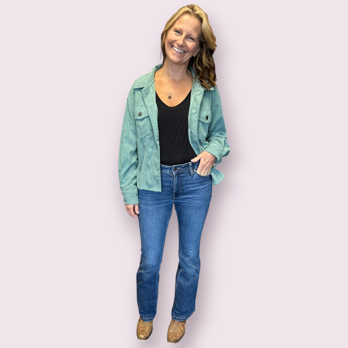 Corduroy Button Front Shacket with Flap Pockets: Light Green