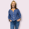 Women's Relaxed V-Neck Button Up Roll Sleeve Blouse: Blue