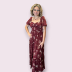 FLORAL SWEETHEART SMOCKED PUFF TIERED MIDI DRESS: BURGUNDY MULTI