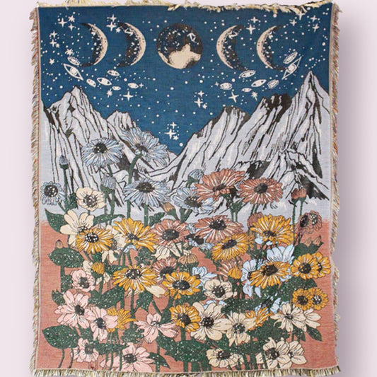 Sunflowers & Moon Cotton Heavy Throw Blanket w/ Fringe