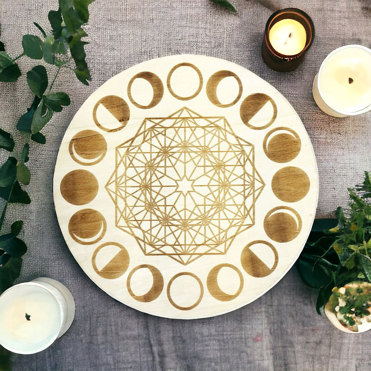 Moon Phases Wood Crystal Grid