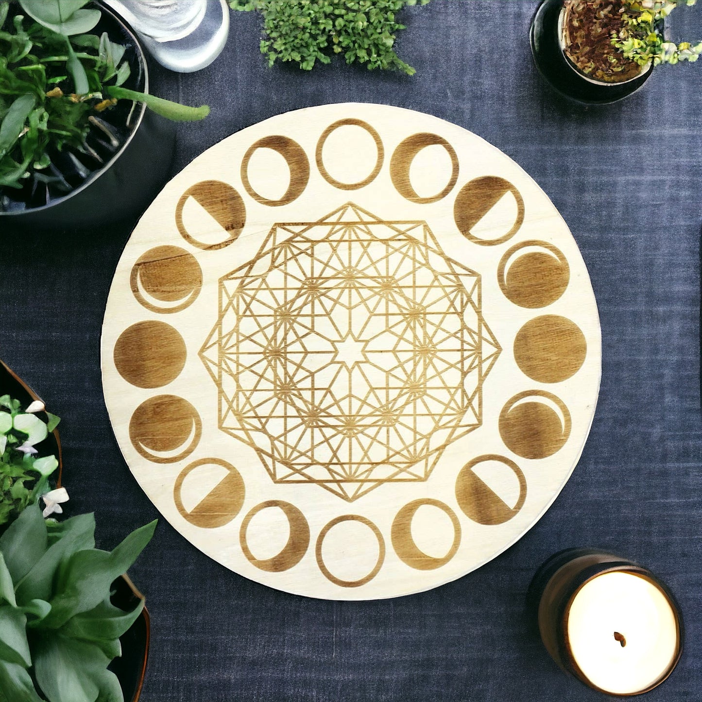 Moon Phases Wood Crystal Grid