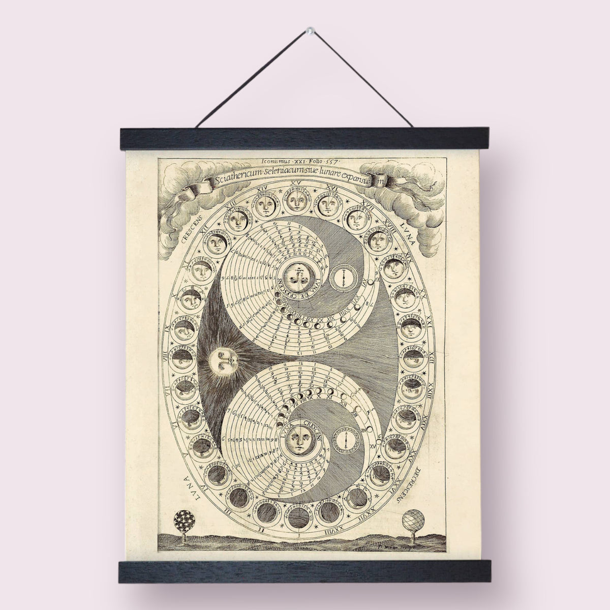 Vintage Moon Phases Chart Print w/ Black Hanging Frame