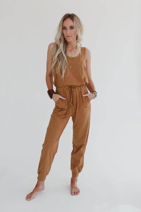 Set to Go Textured Jumpsuit And Cardigan Set - Camel: Ash