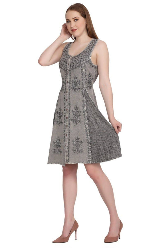 Gray Button Up Embroidery Dress