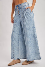 DENIM PLEATED RETRO HIGH-RISE WIDE LEG JEANS: LT.WASH