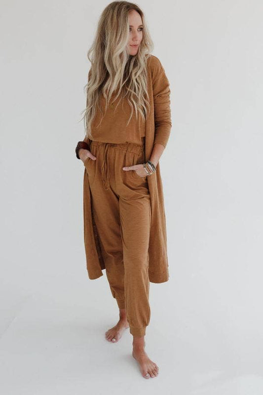 Set to Go Textured Jumpsuit And Cardigan Set - Camel: Ash
