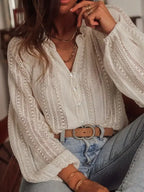 Open Knit Lace V Neck Button Front Blouse: Apricot