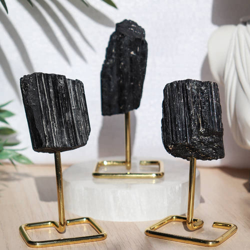 Black Tourmaline on Gold Metal Stand