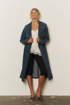 NOTCH COLLAR DENIM TRENCH COAT: DENIM