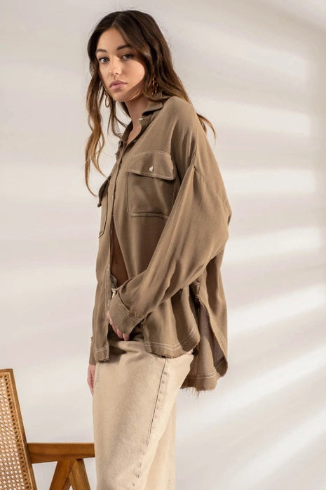 Fray Hem Button Up Shacket - Olive