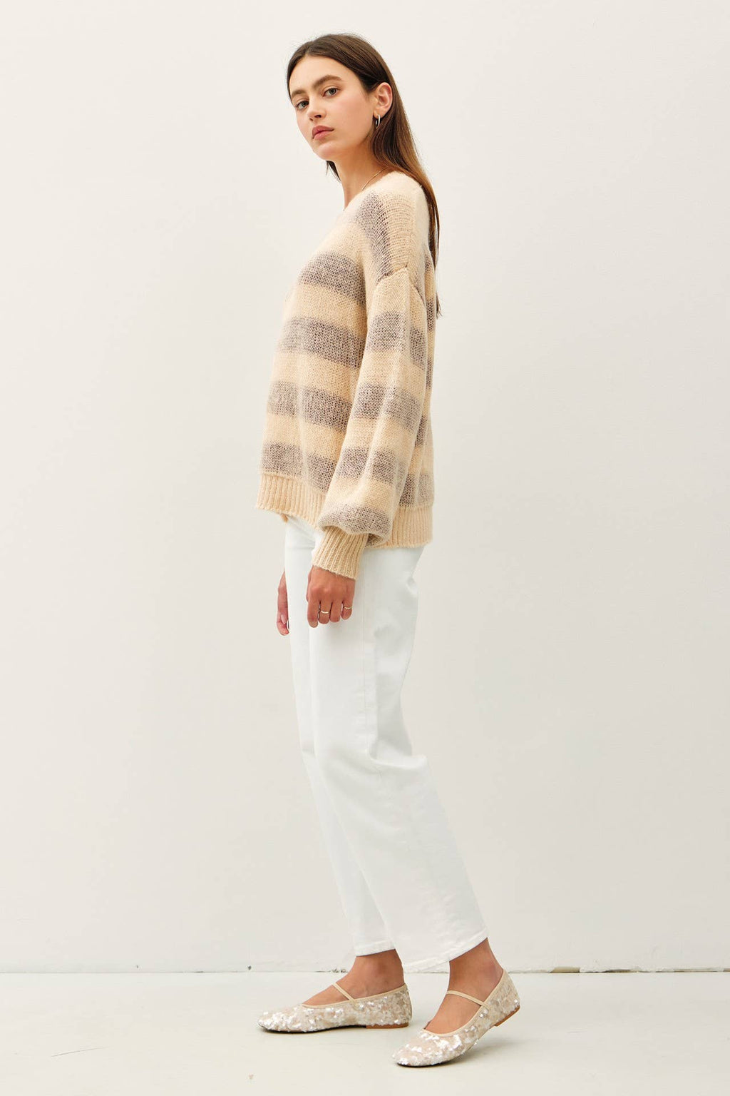WOOL BLEND LARGE STRIPED COZY SWEATER: Poppy