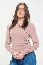 LONG SLEEVE RIBBED KNIT SQUARE NECK BASIC TOP: TAUPE