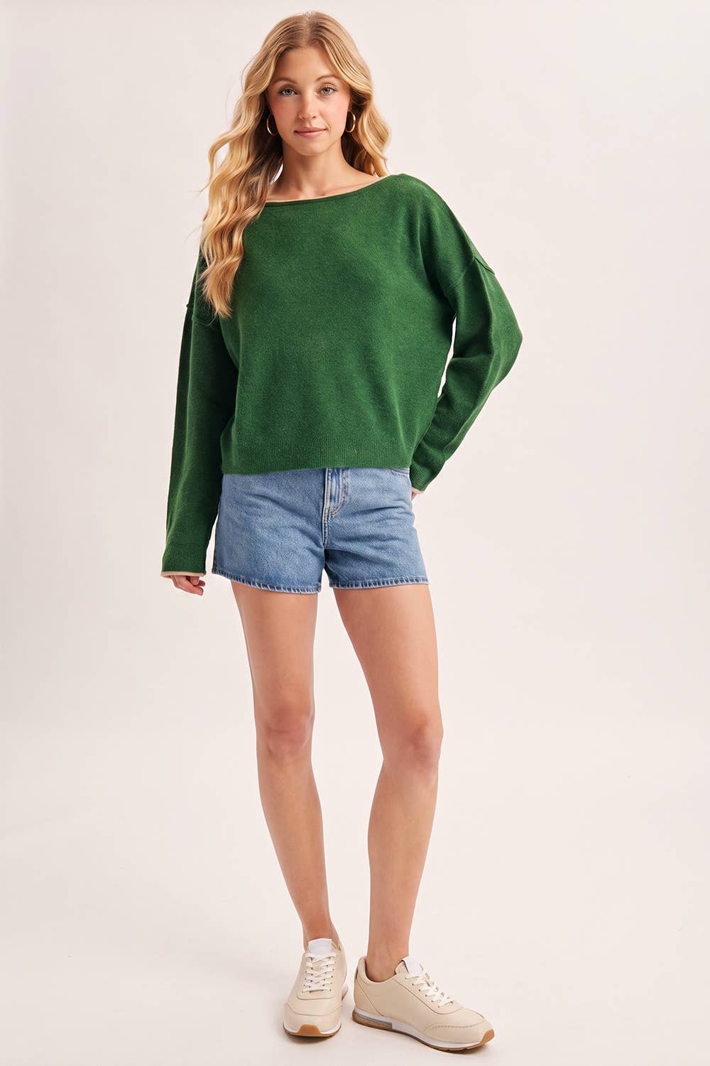BOAT NECK ROLLED TRIM SOFT HEATHERED KNIT PULLOVER: HUNTER GREEN