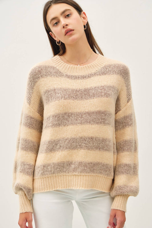 WOOL BLEND LARGE STRIPED COZY SWEATER: Poppy