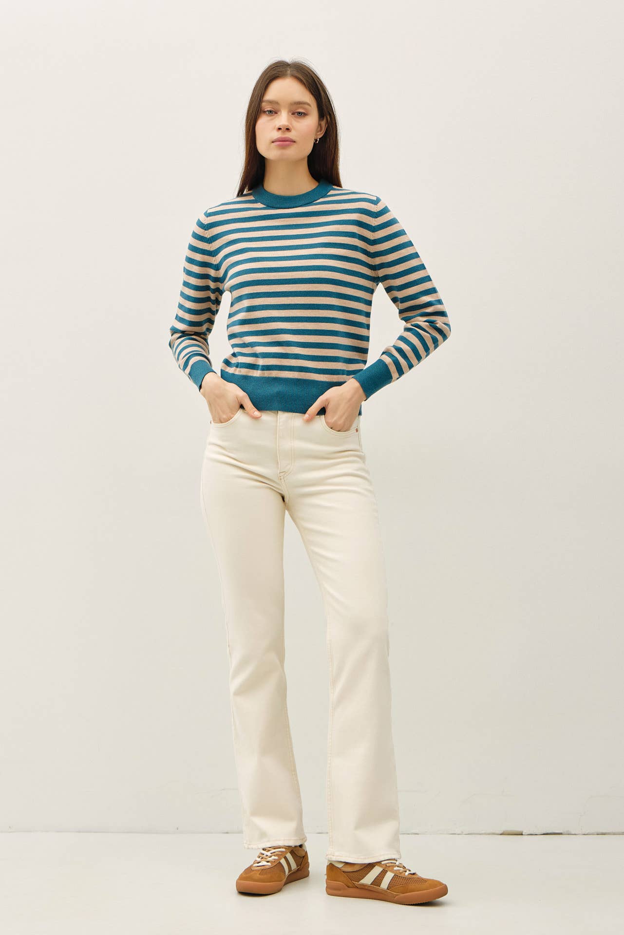 CLASSIC STRIPE CROPPED SWEATER: TEAL
