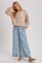 DENIM PLEATED RETRO HIGH-RISE WIDE LEG JEANS: LT.WASH