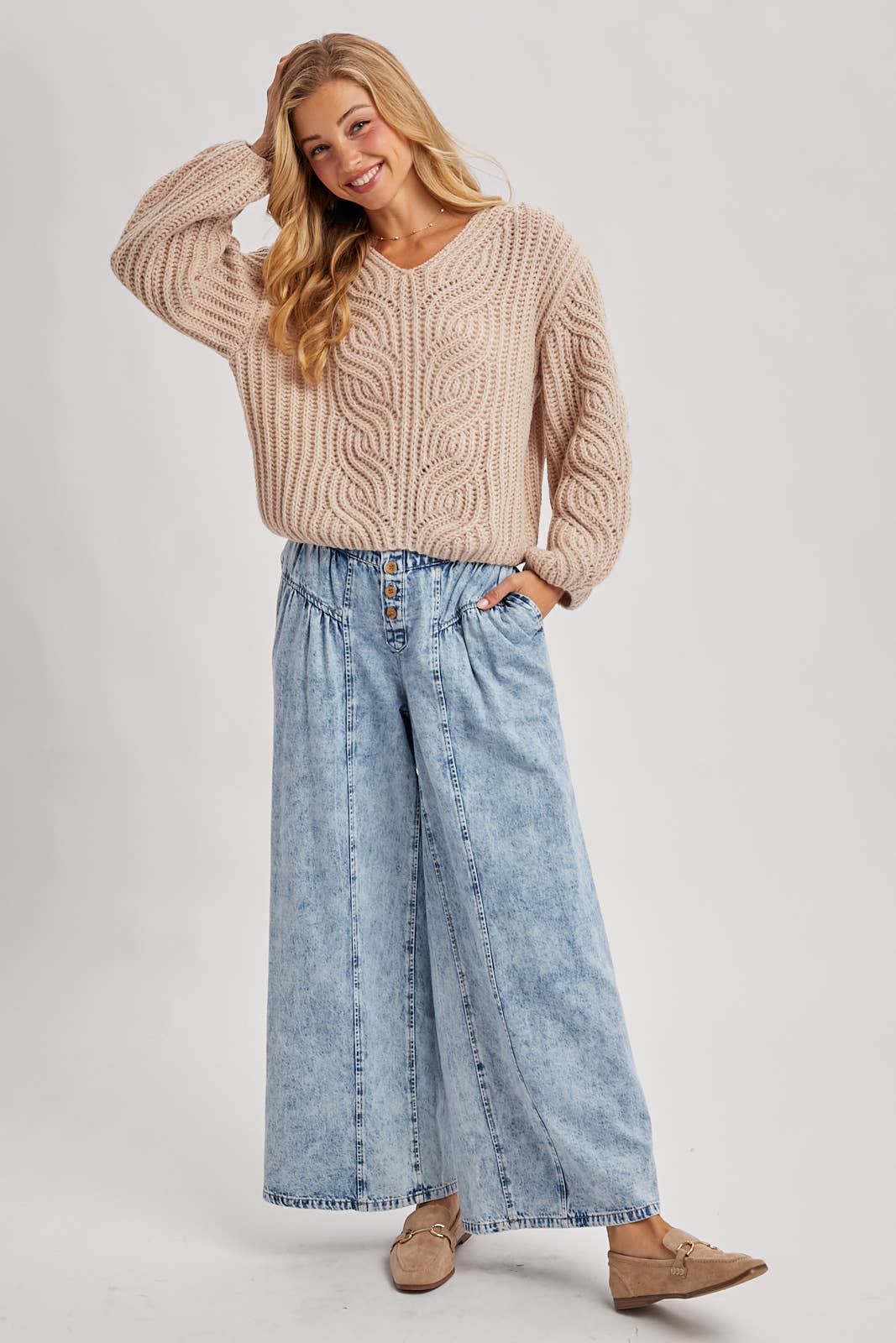 DENIM PLEATED RETRO HIGH-RISE WIDE LEG JEANS: LT.WASH