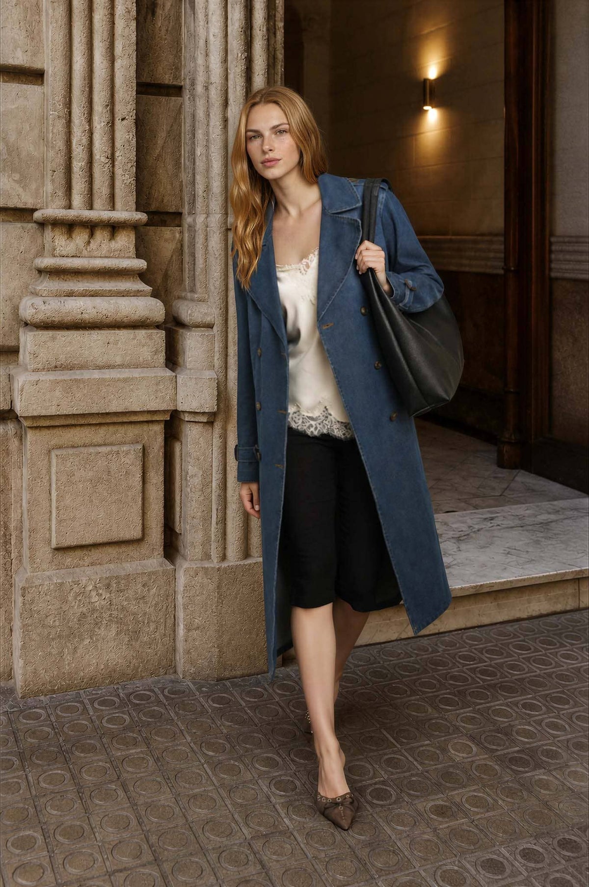 NOTCH COLLAR DENIM TRENCH COAT: DENIM