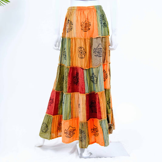 Orange Patchwork Flowy Maxi Skirt with Pocket