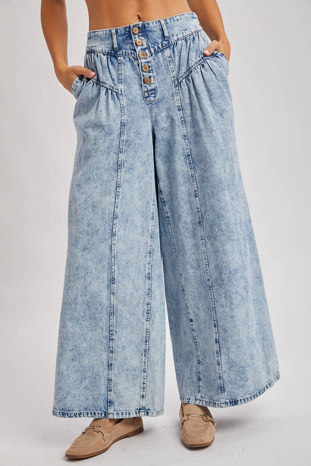 DENIM PLEATED RETRO HIGH-RISE WIDE LEG JEANS: LT.WASH