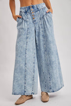 DENIM PLEATED RETRO HIGH-RISE WIDE LEG JEANS: LT.WASH
