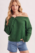 BOAT NECK ROLLED TRIM SOFT HEATHERED KNIT PULLOVER: HUNTER GREEN