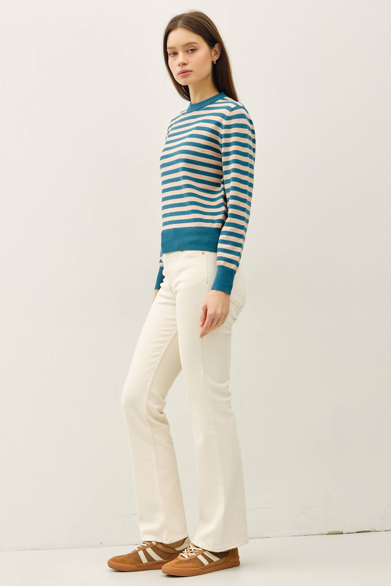 CLASSIC STRIPE CROPPED SWEATER: TEAL