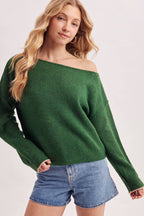 BOAT NECK ROLLED TRIM SOFT HEATHERED KNIT PULLOVER: HUNTER GREEN