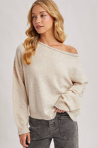 BOAT NECK ROLLED TRIM SOFT HEATHERED KNIT PULLOVER: LATTE