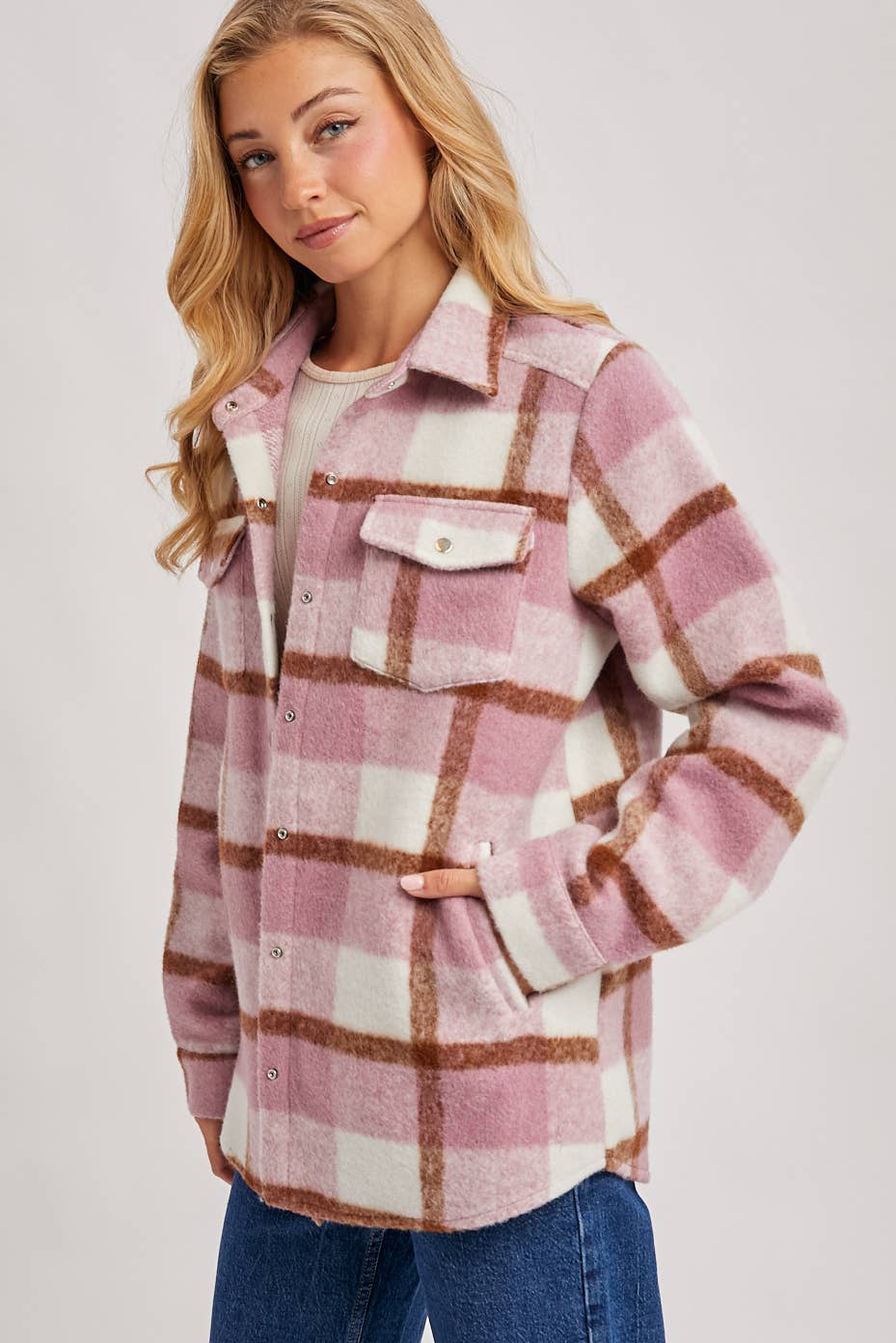 PLAID BRUSHED FLANNEL SHACKET: MAUVE