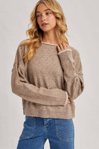 BOAT NECK ROLLED TRIM SOFT HEATHERED KNIT PULLOVER: LATTE
