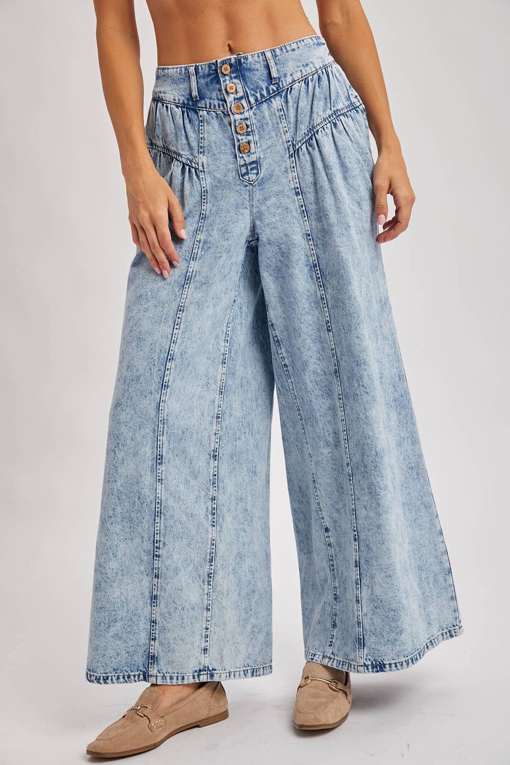 DENIM PLEATED RETRO HIGH-RISE WIDE LEG JEANS: LT.WASH