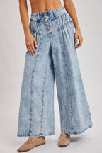 DENIM PLEATED RETRO HIGH-RISE WIDE LEG JEANS: LT.WASH