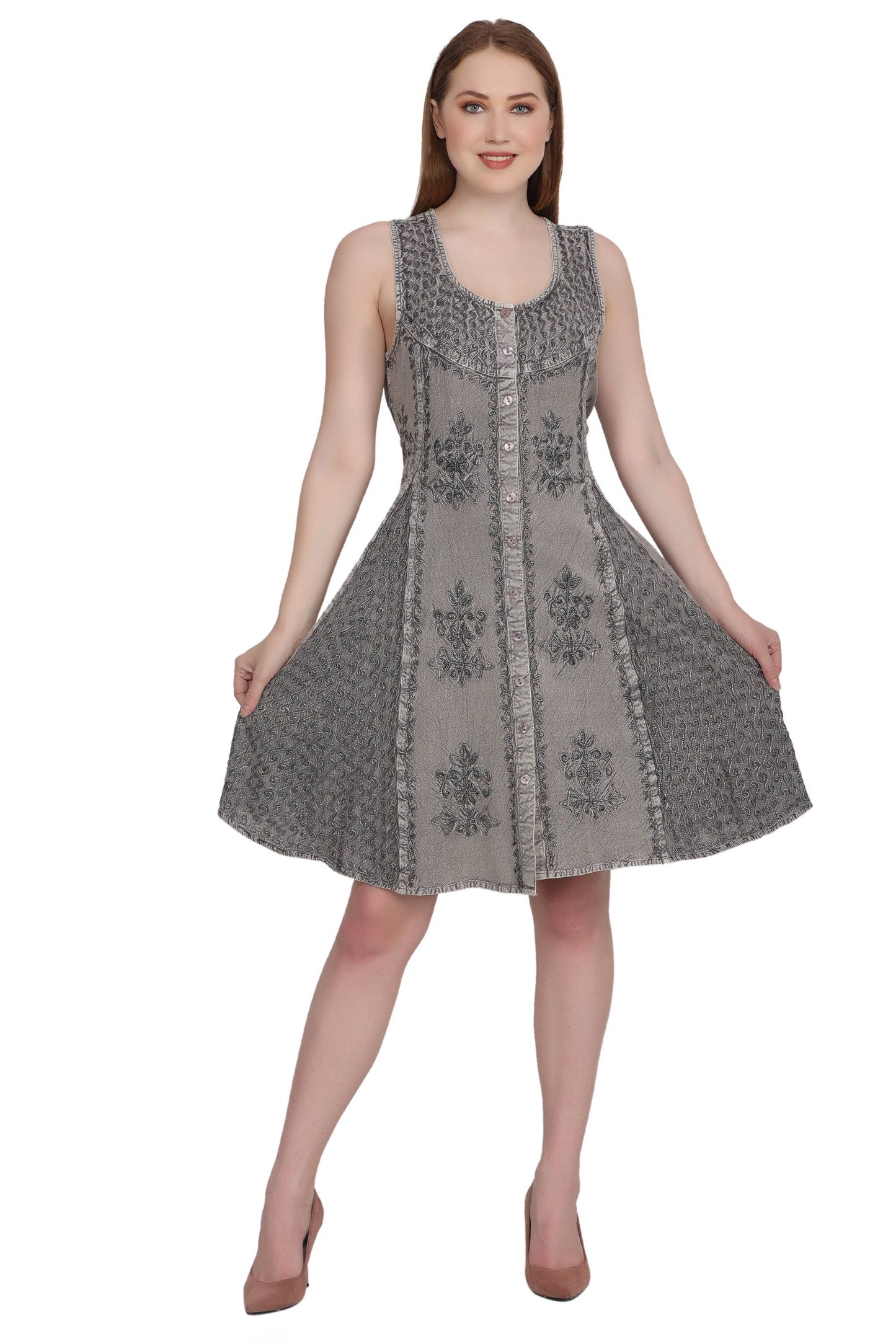 Gray Button Up Embroidery Dress