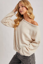 BOAT NECK ROLLED TRIM SOFT HEATHERED KNIT PULLOVER: LATTE