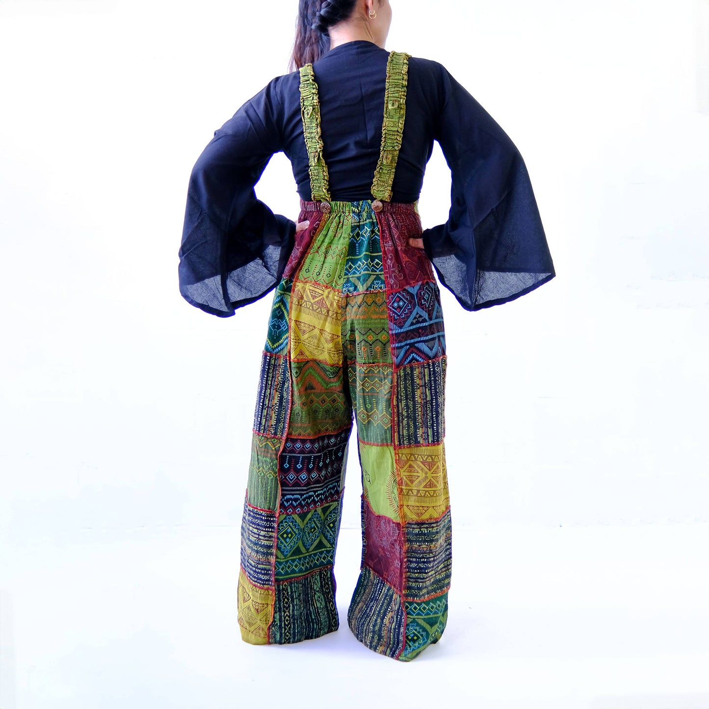 Green Patchwork Wide Leg Cotton Jumpsuit