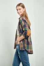 Green Elbow Patch Plaid Shirt